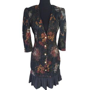 Vintage 90s Womens Floral Tapestry Brocade Blazer Dress Size 3 Ruffle Party